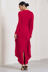 Red Long Sleeve Ruched Maxi Dress with Cape Detailing